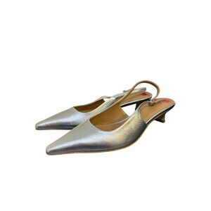 Metallic Silver Leather Pointed Toe Slingback Kitten Heel Shoes